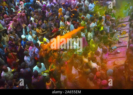 La gente di gettare polvere colorata di Banke Bihari tempio, Uttar Pradesh, India, Asia Foto Stock