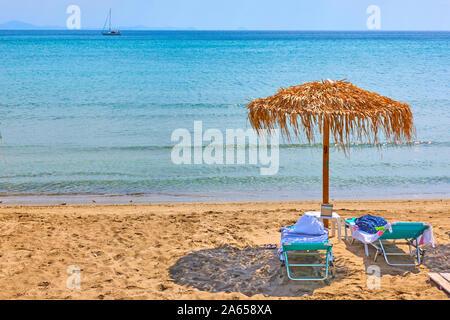 Spiaggia con sdraio e ombrellone di paglia dal mare sulla soleggiata giornata estiva, Agia Marina, Aegina Island, Grecia - paesaggio greco - seascape, copyspace c Foto Stock