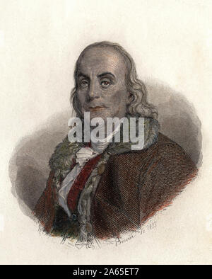 Portrait de Benjamin Franklin (1706-1790), physicien, philosophe et homme politique americain. in "Ritratti des Hommes Utiles', 1833-1836. Foto Stock