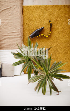 Angolo di alta vista del letto e protesi giacente sulla moquette in camera da letto moderna a casa Foto Stock