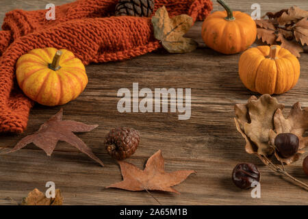 Modello di autunno con zucche e foglie secche in legno con spazio di copia Foto Stock