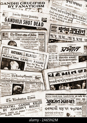 Collage di giornali che riportano l'assassinio di Mahatma Gandhi, India, Asia, 31 gennaio 1948, vecchia immagine dell'annata 1900s Foto Stock