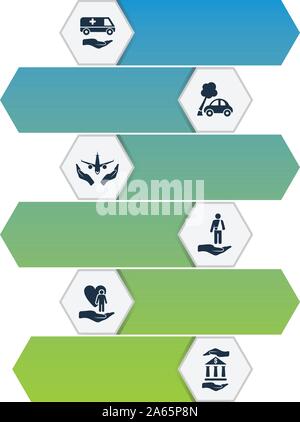 Assicurazione vettore Infographics design. Concetto Timeline includono assicurazione medica, assicurazione infortuni, assicurazione di viaggio icone. Può essere utilizzato per il report Illustrazione Vettoriale
