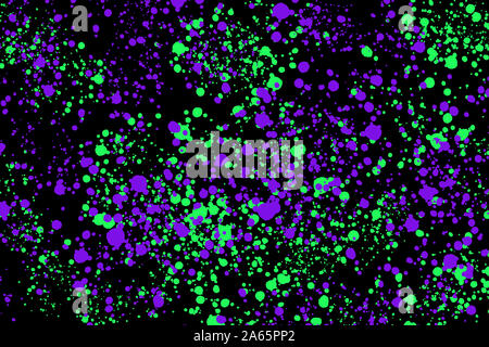 Il Neon verde e viola gli spruzzi di vernice su sfondo nero. Texture astratta per web-design, la stampa digitale o il concetto di design. Foto Stock