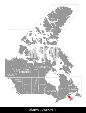 New Brunswick evidenziata in rosso nella mappa del Canada Foto Stock