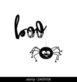 Boo spider - Halloween sovrapposizioni, lettering design etichette. Badge retrò. Disegnato a mano emblema isolato con il preventivo. Festa di Halloween segno/logo. rottami b Illustrazione Vettoriale
