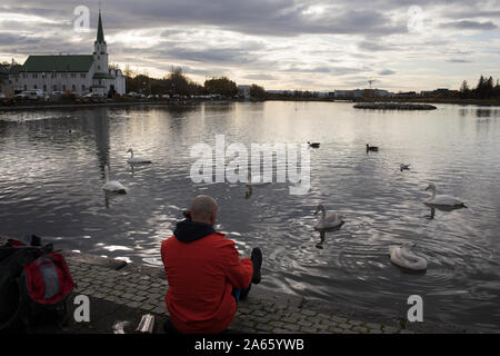 Lago Tjörnin, a Reykjavik, Islanda, 11 ottobre 2019. Foto Stock