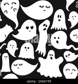 Simpatici fantasmi Halloween seamless pattern, doodle design set. Badge retrò. Disegnato a mano emblema isolato con caratteri. Festa di Halloween segno o logo. Goo Illustrazione Vettoriale