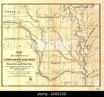 Mappa che mostra i diversi percorsi intervistati per la Union Pacific Rail Road tra il fiume Missouri e il Platte Valley Foto Stock