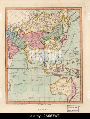 Giovanni documento Wilkes era un editore di Londra più noto per la sua enciclopedia Londinensis; o, dizionario universale delle arti e delle scienze e la letteratura (1801-28). Documento Wilkes frequentemente lavorato con Samuel John Neele, intagliatore di questa colorata a mano in mappa di "moderno in Asia." La mappa riflette tardo-settecentesca geografico europeo le concezioni e la terminologia. L India è denominato "Hindoostan", mentre gran parte degli interni è mostrato come costituita da "Western Tartary" e "cinese Tartary." "Tartary" era una designazione applicato dagli europei per quelle parti dell'Asia abitata da tribù nomadi turco e Mongolo i popoli. Questa mappa Foto Stock