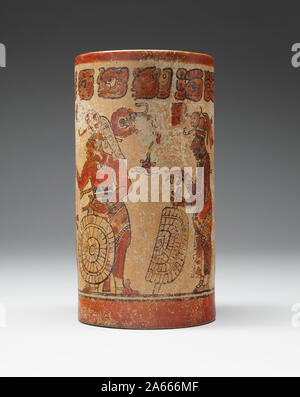 Vaso di cacao, la cultura Maya, 600-900, terrecotte figurate, 10 x 5-1/4 (diam.)., glifi Maya in alto., Arts nativo delle Americhe Foto Stock