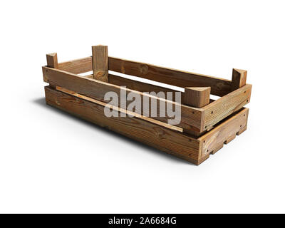 Scatola in legno per lo stoccaggio di prodotti vista frontale 3d render su sfondo bianco con ombra Foto Stock