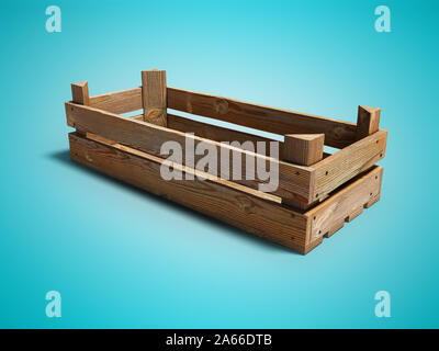 Scatola in legno per lo stoccaggio di prodotti vista frontale 3d render su sfondo blu con ombra Foto Stock