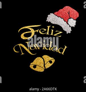 Feliz Navidad con campane e hat di Santa in brillanti colori scintillanti, Spagnolo Merry Christmas concetto, illustrazione vettoriale Illustrazione Vettoriale