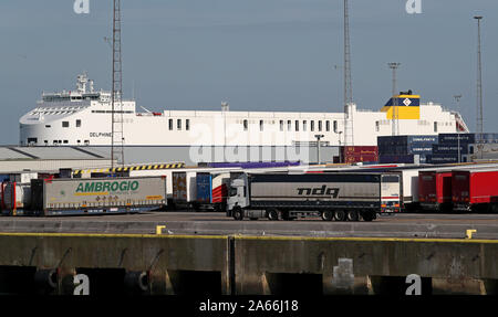 La Cobelfret Delphine nave cargo presso il porto di Zeebrugge in Belgio dopo 39 corpi sono stati trovati all'interno di un camion che aveva viaggiato dal porto al porto di Tilbury in Essex. Foto Stock