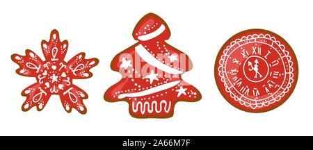 Natale gingerbread cookie. I dolci con la glassa. Nuovo Anno di dessert. Colore rosso Illustrazione Vettoriale