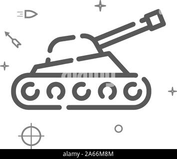 Serbatoio, semoventi gun vettore semplice icona linea, simbolo pittogramma, segno. Sfondo chiaro. Corsa modificabile. Regolare il peso della linea. Illustrazione Vettoriale