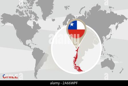 Mappa del mondo con il Cile ingrandita. Bandiera del Cile e la mappa. Illustrazione Vettoriale
