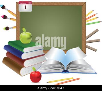 Vuoto lavagna verde con forniture scolastiche, libri e mele su sfondo bianco. Illustrazione Vettoriale