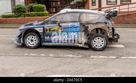 Auto 3, Driver Teemu Suninen, Co-Driver Jarmo Lehtinen,Galles GB nel Rally tra stadi a Newtown, Powys, Wales, Regno Unito Foto Stock