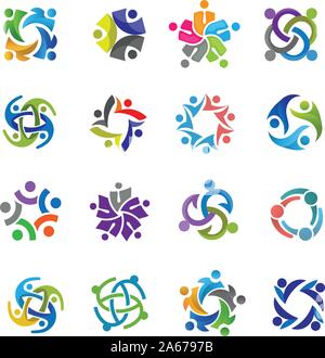 Il carattere umano per colorata logo comunitario set. L'uomo astratto figura logo. Persone logo. l amicizia e la relativa icona. Icona di persone. Il lavoro di squadra e la relativa icona. Illustrazione Vettoriale