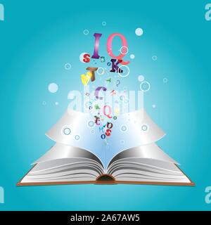 Libro aperto con lettere colorate scoppio fuori di esso. Illustrazione Vettoriale