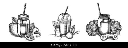 Mazzo di fiori di nero e di bianco di limoni, broccoli, Rafano, basilico, bicchiere per frullato, smothie giare, cetriolo illustrazione stock Illustrazione Vettoriale