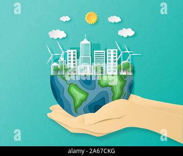 Eco Friendly concetto. La politica ambientale nelle città e albero sulla terra in carta tagliata stile. Illustrazione Vettoriale design per sfondo, poster, striscioni, carta da parati Illustrazione Vettoriale