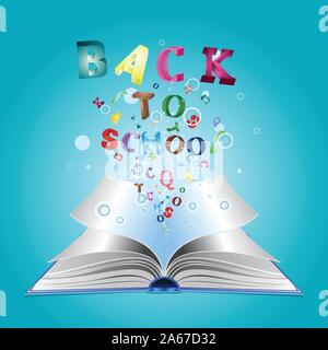 Libro aperto con lettere colorate scoppio fuori di esso. Illustrazione Vettoriale