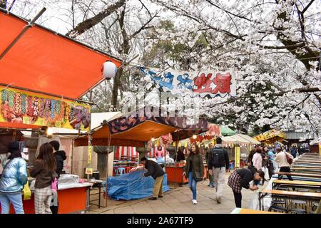 Mercato con cibo per Hanami (tempo per ammirare la fioritura dei ciliegi) in Ueno-kóen park, Tokyo, Giappone Foto Stock