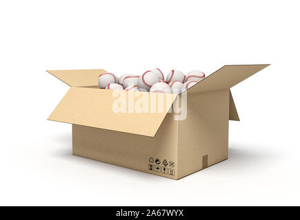 3D rendering di baseballs in scatola di cartone. Foto Stock