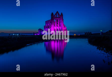 Le luci si accendano le rovine del Patrimonio inglese dell Abbazia di Whitby nel North Yorkshire durante l abbazia illuminata evento. Foto Stock