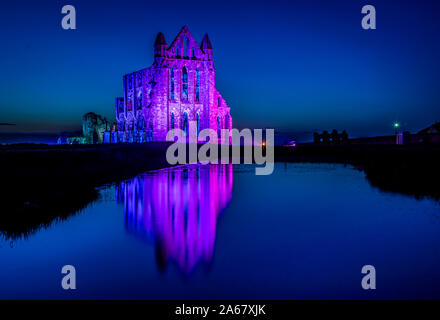 Le luci si accendano le rovine del Patrimonio inglese dell Abbazia di Whitby nel North Yorkshire durante l abbazia illuminata evento. Foto Stock