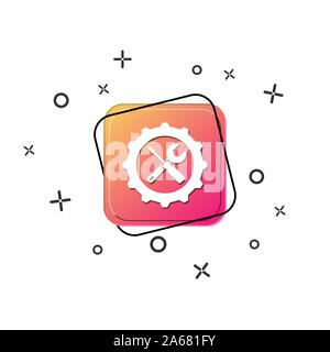 Viola pulsante quadrato con l'ingranaggio bianco icona con un cacciavite e una chiave inglese. Semplice design piatto. Illustrazione Vettoriale
