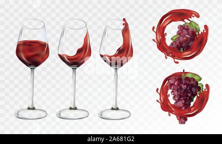 Vino rosso. 3D UVA realistica e vetri trasparenti con il vino. Schizzi di vino rosso. Le uve rosse su sfondo trasparente. Illustrazione Vettoriale Illustrazione Vettoriale