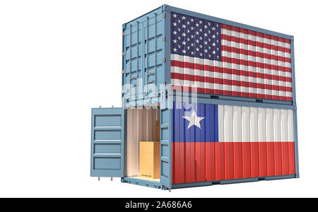 Due container con il Cile e la bandiera degli Stati Uniti. Isolato su bianco - 3D Rendering Foto Stock