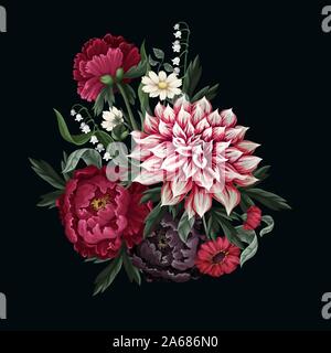 Mazzi con dalia, peonie e fiori selvatici. Vettore. Illustrazione Vettoriale