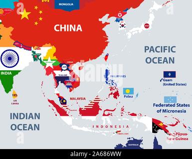 Mappa vettoriale dei paesi del sud-est asiatico mescolati con le loro bandiere nazionali Illustrazione Vettoriale