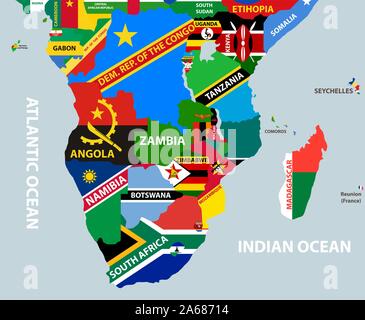 Il vettore parte della mappa del mondo con la regione del sud dei paesi africani mescolati con le loro bandiere nazionali Illustrazione Vettoriale