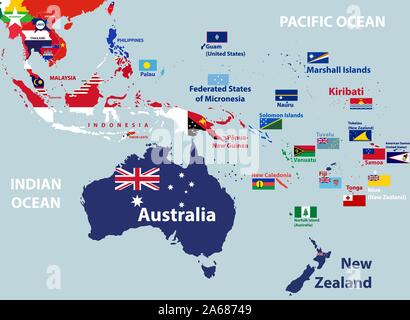 Mappa vettoriale di Australia, Oceania e paesi del sud-est asiatico mescolati con le loro bandiere nazionali Illustrazione Vettoriale