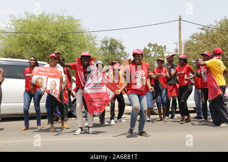 Gaborone, Botswana. 24 ott 2019. I sostenitori della sentenza Botswana Partito Democratico (BDP) partecipare a un raduno come il conteggio di ballottaggio delle elezioni legislative continua a Gaborone, capitale del Botswana, su 24 Ottobre, 2019. Il Botswana il principale partito di opposizione, l'Ombrello per il Cambiamento Democratico (UDC), ha avuto un inizio di portare il giovedì in i risultati iniziali dalla nazione di elezione parlamentare svoltosi mercoledì. Al momento di andare in stampa, soltanto cinque dei 57 collegi" i risultati sono stati verificati e sono stati liberati. Credito: Tshekiso Tebalo/Xinhua/Alamy Live News Foto Stock