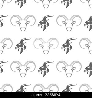 Cornuto capre Seamless Pattern isolati su sfondo bianco. Silhouette di grigio di Ram Illustrazione Vettoriale