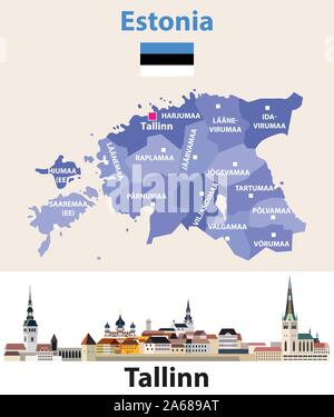 Estonia regioni mappa con Tallinn lo skyline della citta'. Illustrazione Vettoriale Illustrazione Vettoriale