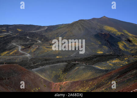 Paesaggio vulcanico con crateri Silvestri, Coni laterali e il modulo di flusso caldere visto in distanza,l'Etna, Sicilia, Italia. 8/3/2019. Foto Stock