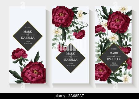 Invito a nozze con la Borgogna . le peonie. Vettore. Illustrazione Vettoriale