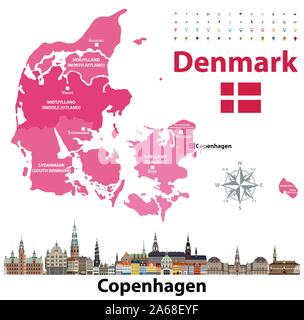 Mappa di Danimarca e bandiera con Copenaghen lo skyline della citta'. Illustrazione Vettoriale Illustrazione Vettoriale