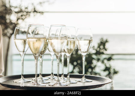 I bicchieri con lo champagne o il bianco spumante su un vassoio in una fila. Foto Stock