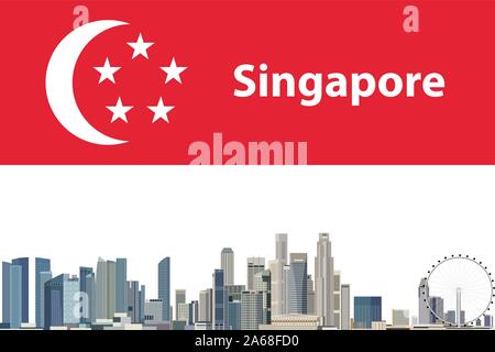 Illustrazione Vettoriale di Singapore dello skyline della città con la bandiera di Singapore su sfondo Illustrazione Vettoriale