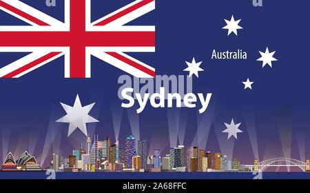 Vettore poster di viaggio con Sydney skyline della città silhouette e la bandiera australiana sullo sfondo Illustrazione Vettoriale