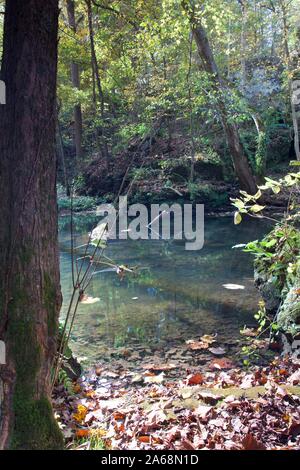 Natura pacifica shot incorniciato da alberi e formazione di roccia. Liscia e calma acqua lunga esposizione. Formazione di Roccia visibile Foto Stock